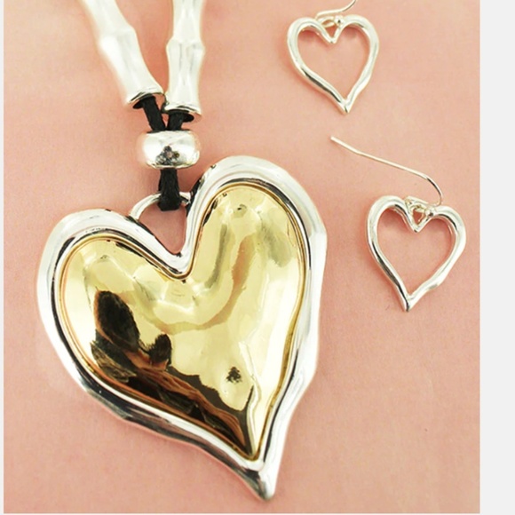 TWO-TONE HAMMERED HEART PENDANT BEADED CORD NECKLACE AND EARRING SET - Picture 1 of 1